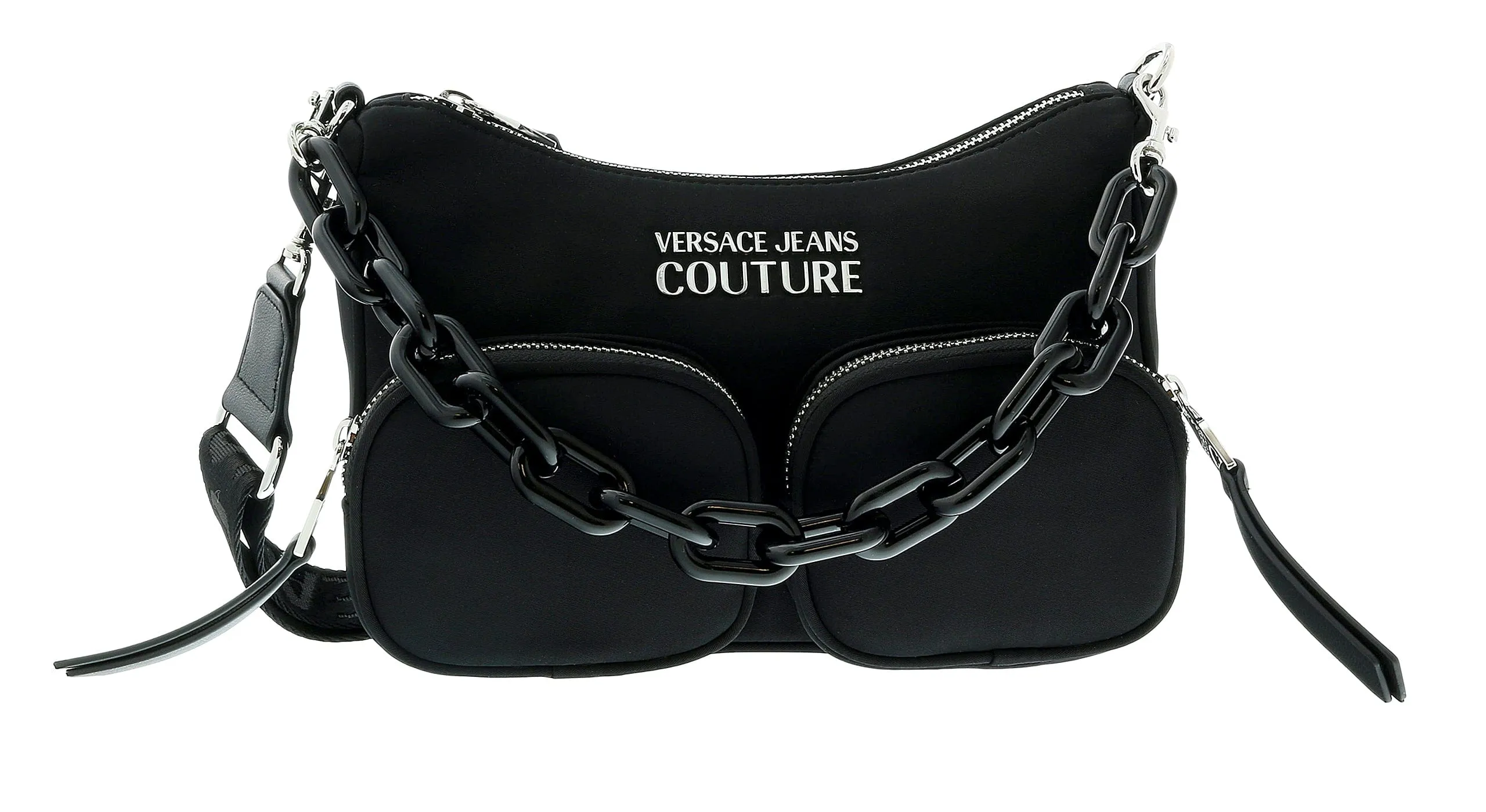 Versace Jeans Couture Black Nylon Signature Acetate Chain Medium Hobo Multi Pocket Shoulder Bag