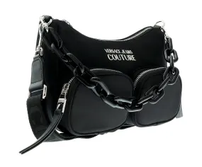 Versace Jeans Couture Black Nylon Signature Acetate Chain Medium Hobo Multi Pocket Shoulder Bag