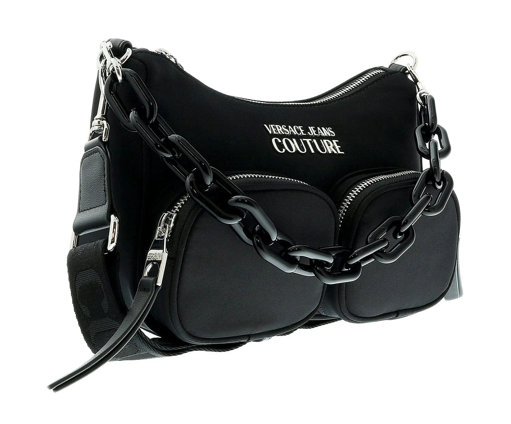 Versace Jeans Couture Black Nylon Signature Acetate Chain Medium Hobo Multi Pocket Shoulder Bag