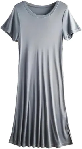 Women Knitted Silk Dress Solid Color Medium Long Silk Short Sleeve Round Neck Bottomed Skirt