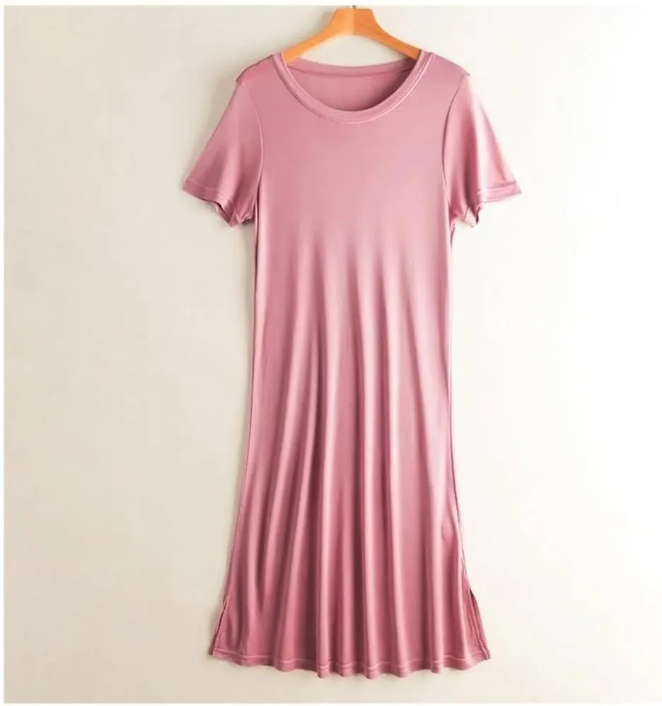 Women Knitted Silk Dress Solid Color Medium Long Silk Short Sleeve Round Neck Bottomed Skirt