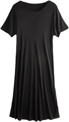 Women Knitted Silk Dress Solid Color Medium Long Silk Short Sleeve Round Neck Bottomed Skirt