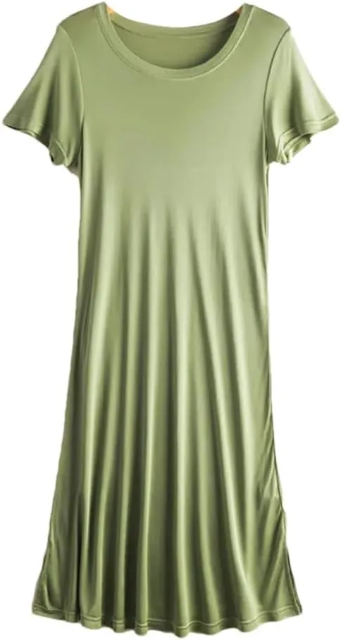 Women Knitted Silk Dress Solid Color Medium Long Silk Short Sleeve Round Neck Bottomed Skirt