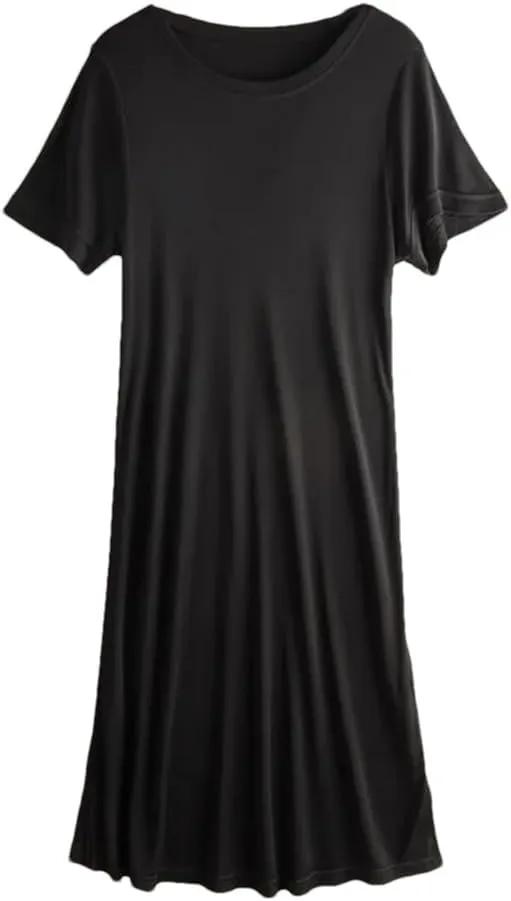 Women Knitted Silk Dress Solid Color Medium Long Silk Short Sleeve Round Neck Bottomed Skirt