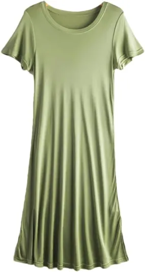 Women Knitted Silk Dress Solid Color Medium Long Silk Short Sleeve Round Neck Bottomed Skirt