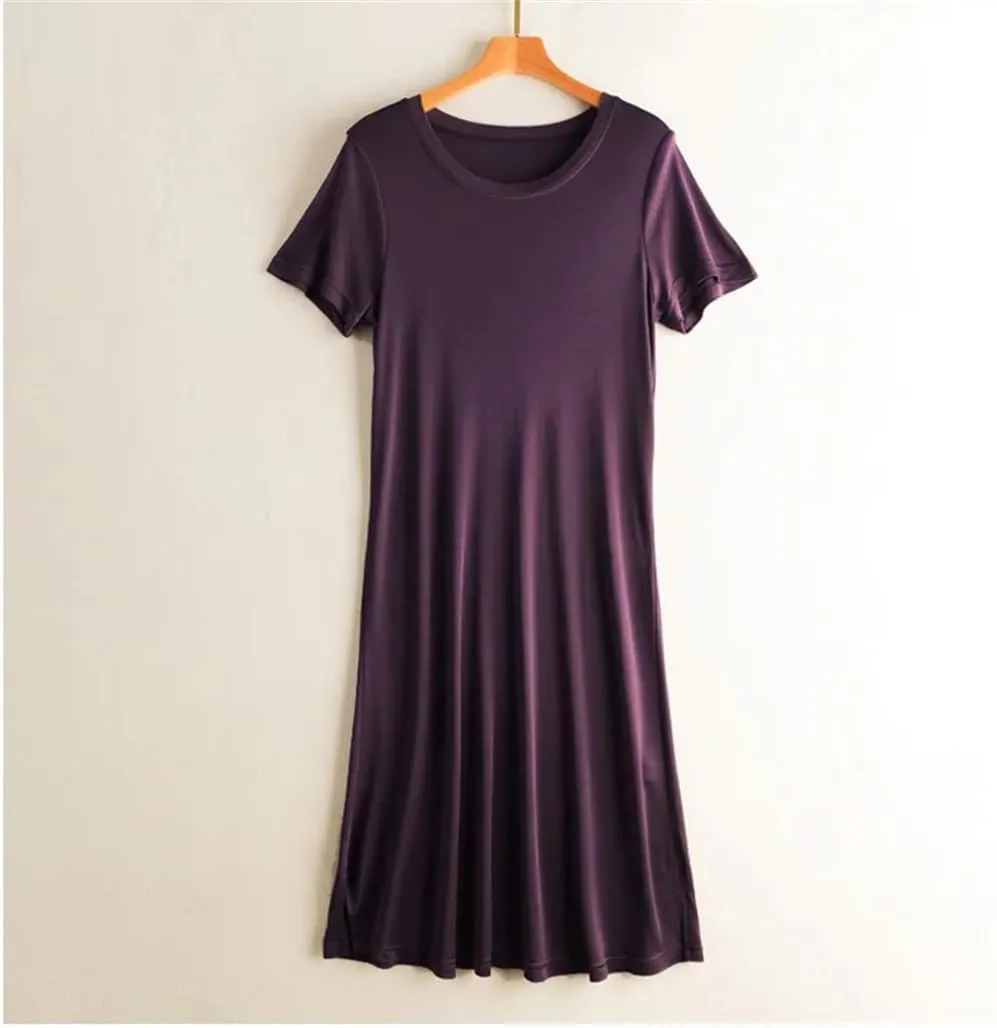 Women Knitted Silk Dress Solid Color Medium Long Silk Short Sleeve Round Neck Bottomed Skirt