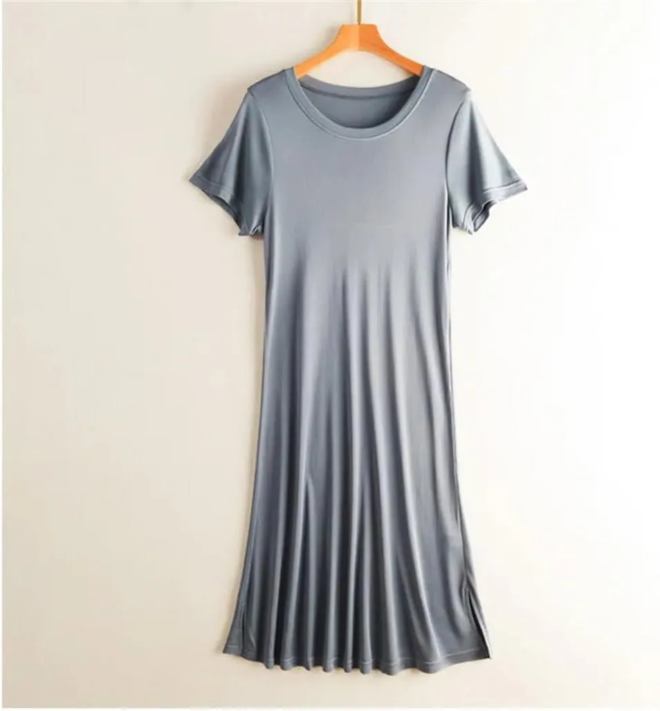 Women Knitted Silk Dress Solid Color Medium Long Silk Short Sleeve Round Neck Bottomed Skirt