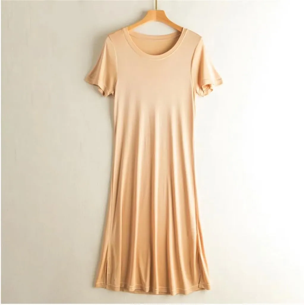 Women Knitted Silk Dress Solid Color Medium Long Silk Short Sleeve Round Neck Bottomed Skirt