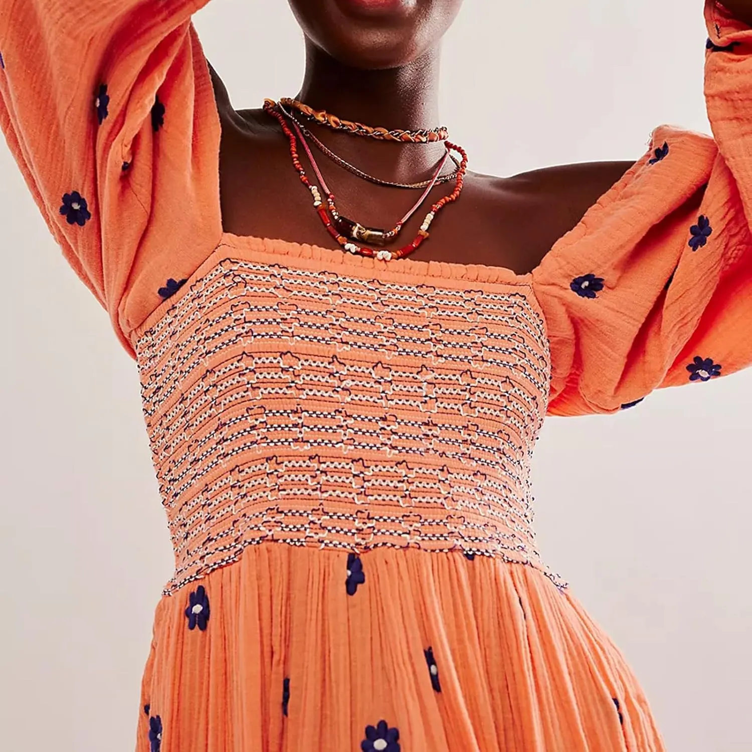 Women's Floral Embroidered Maxi Dress Square Neck Boho Flowy Dress Puff Sleeve Smocked Flowy A-line Dress