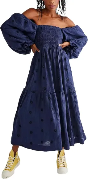 Women's Floral Embroidered Maxi Dress Square Neck Boho Flowy Dress Puff Sleeve Smocked Flowy A-line Dress