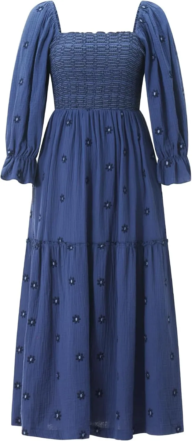 Women's Floral Embroidered Maxi Dress Square Neck Boho Flowy Dress Puff Sleeve Smocked Flowy A-line Dress