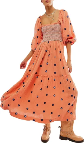 Women's Floral Embroidered Maxi Dress Square Neck Boho Flowy Dress Puff Sleeve Smocked Flowy A-line Dress