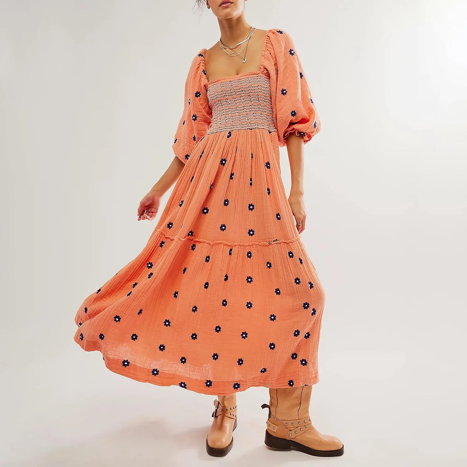 Women's Floral Embroidered Maxi Dress Square Neck Boho Flowy Dress Puff Sleeve Smocked Flowy A-line Dress