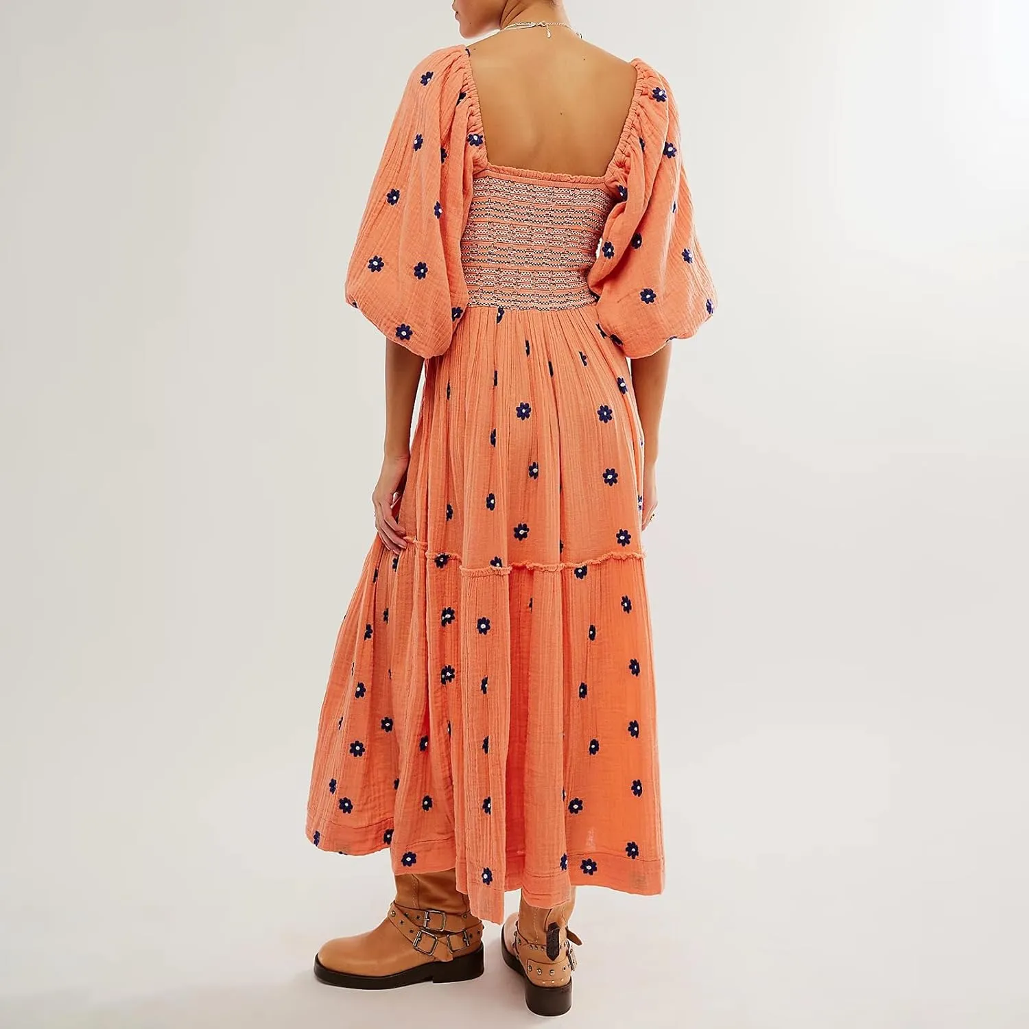 Women's Floral Embroidered Maxi Dress Square Neck Boho Flowy Dress Puff Sleeve Smocked Flowy A-line Dress