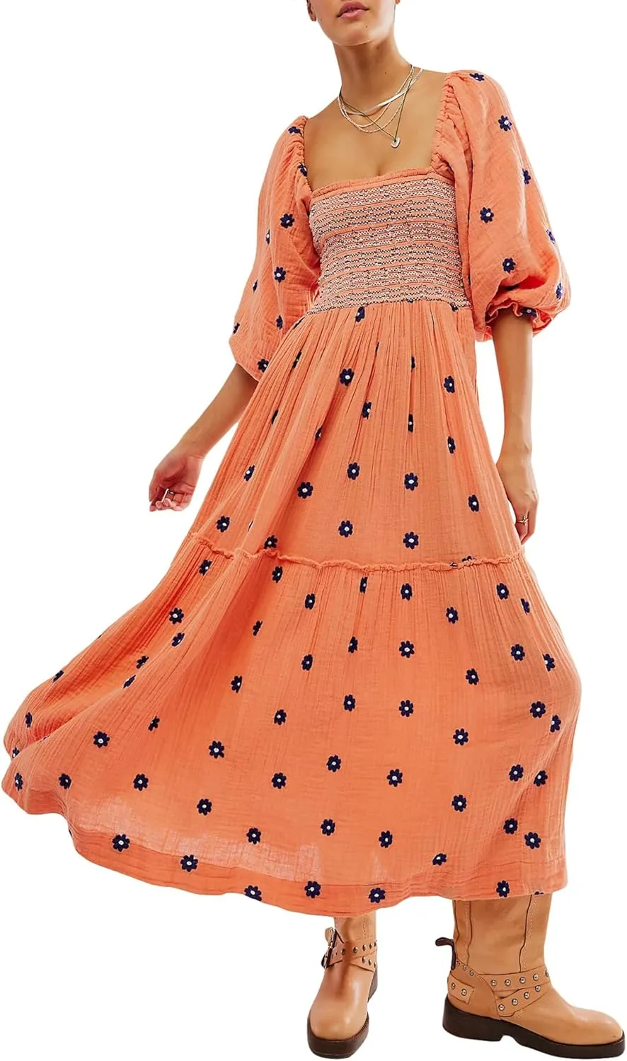 Women's Floral Embroidered Maxi Dress Square Neck Boho Flowy Dress Puff Sleeve Smocked Flowy A-line Dress