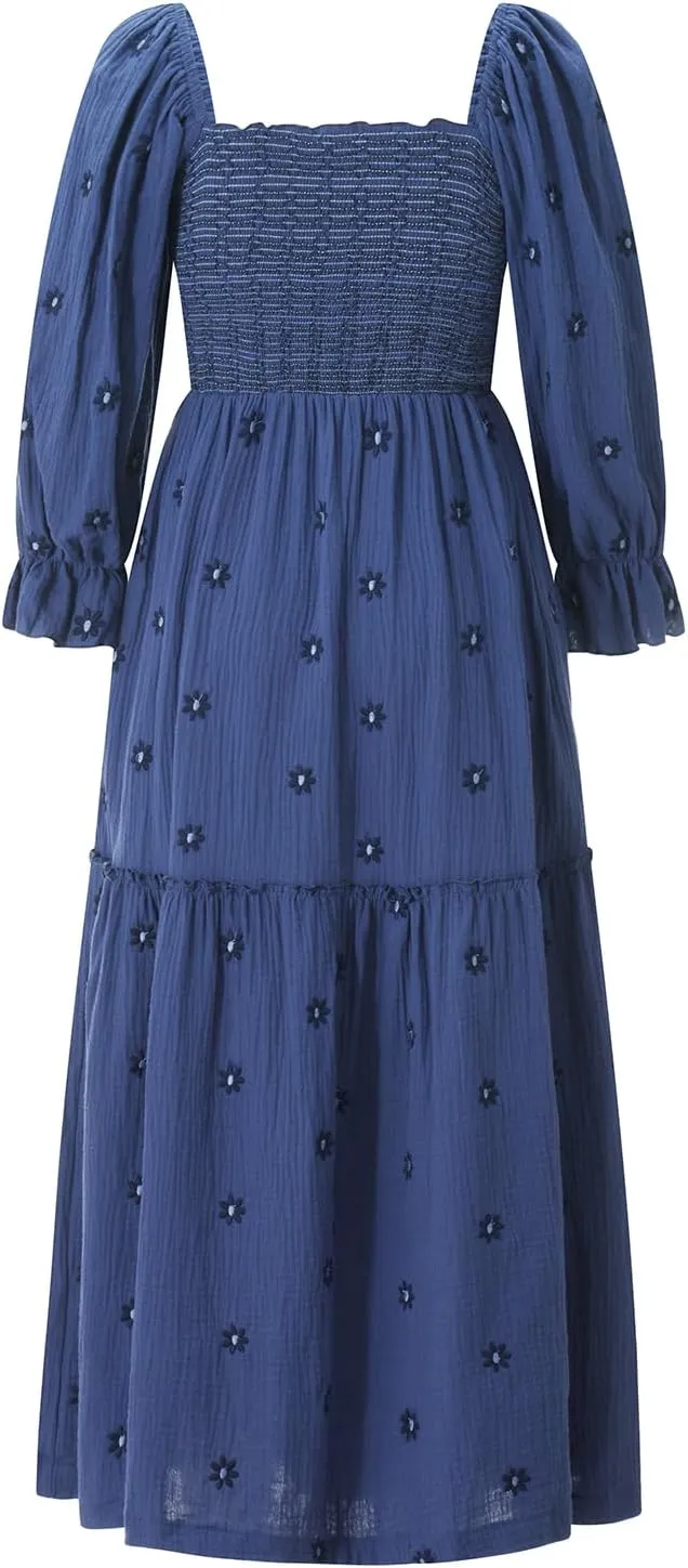 Women's Floral Embroidered Maxi Dress Square Neck Boho Flowy Dress Puff Sleeve Smocked Flowy A-line Dress