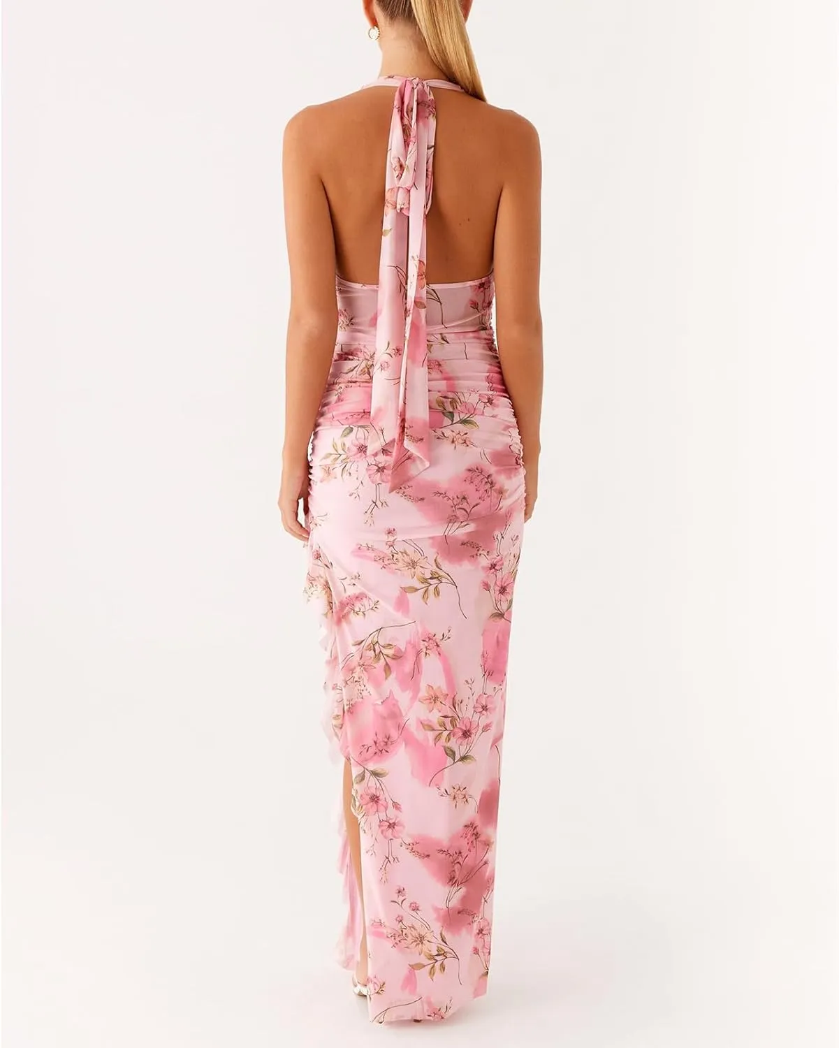 Womens Halter Floral Maxi Dress Deep V Neck Backless Bodycon Long Dresses Y2k Formal Cocktail Going Out Beachwear