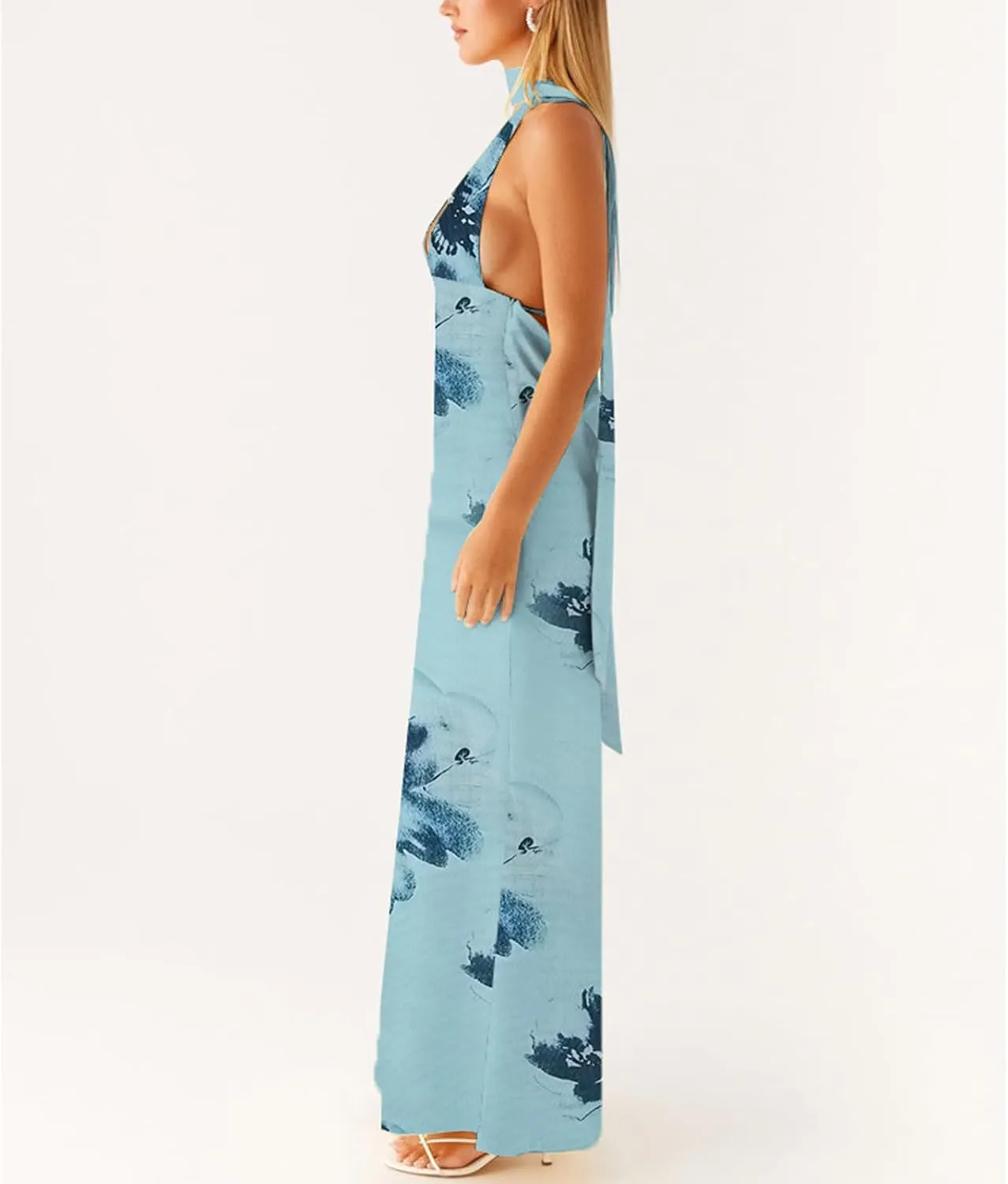 Womens Halter Floral Maxi Dress Deep V Neck Backless Bodycon Long Dresses Y2k Formal Cocktail Going Out Beachwear
