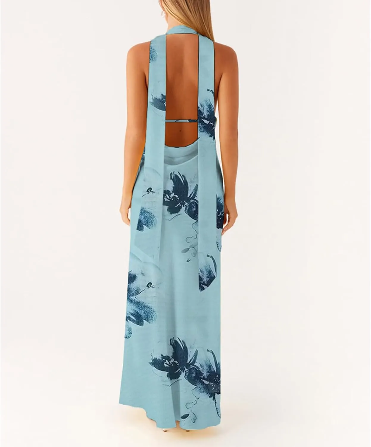 Womens Halter Floral Maxi Dress Deep V Neck Backless Bodycon Long Dresses Y2k Formal Cocktail Going Out Beachwear