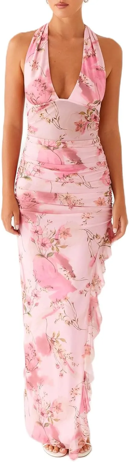 Womens Halter Floral Maxi Dress Deep V Neck Backless Bodycon Long Dresses Y2k Formal Cocktail Going Out Beachwear