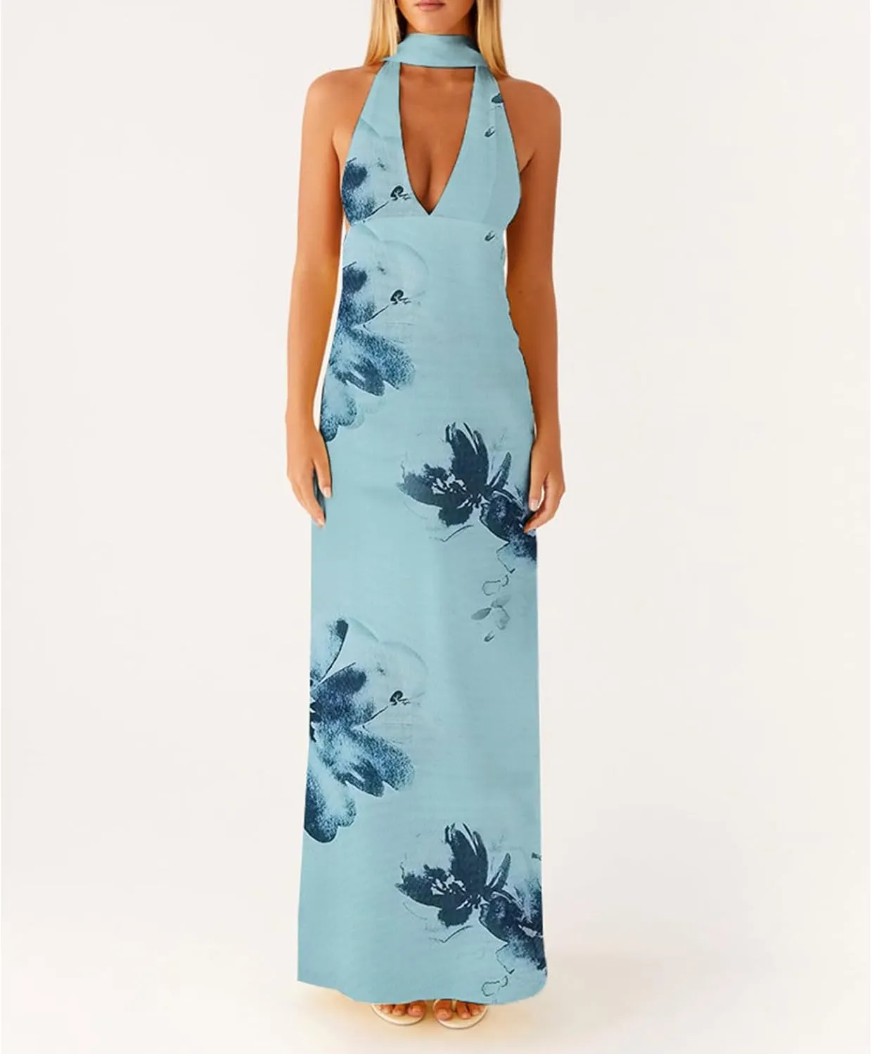 Womens Halter Floral Maxi Dress Deep V Neck Backless Bodycon Long Dresses Y2k Formal Cocktail Going Out Beachwear