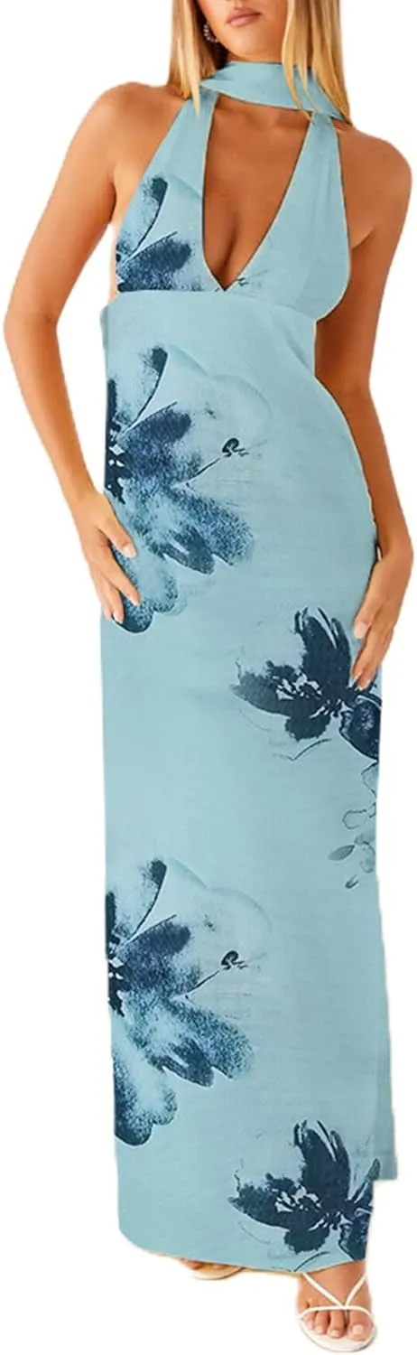 Womens Halter Floral Maxi Dress Deep V Neck Backless Bodycon Long Dresses Y2k Formal Cocktail Going Out Beachwear
