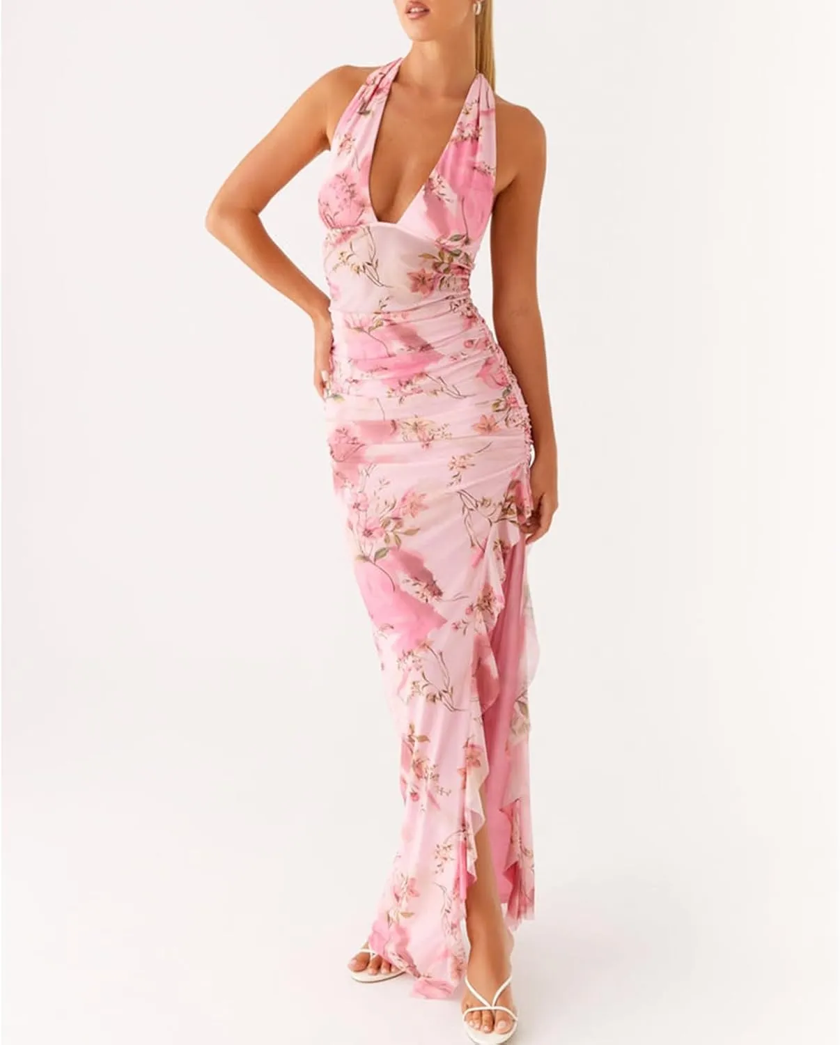 Womens Halter Floral Maxi Dress Deep V Neck Backless Bodycon Long Dresses Y2k Formal Cocktail Going Out Beachwear