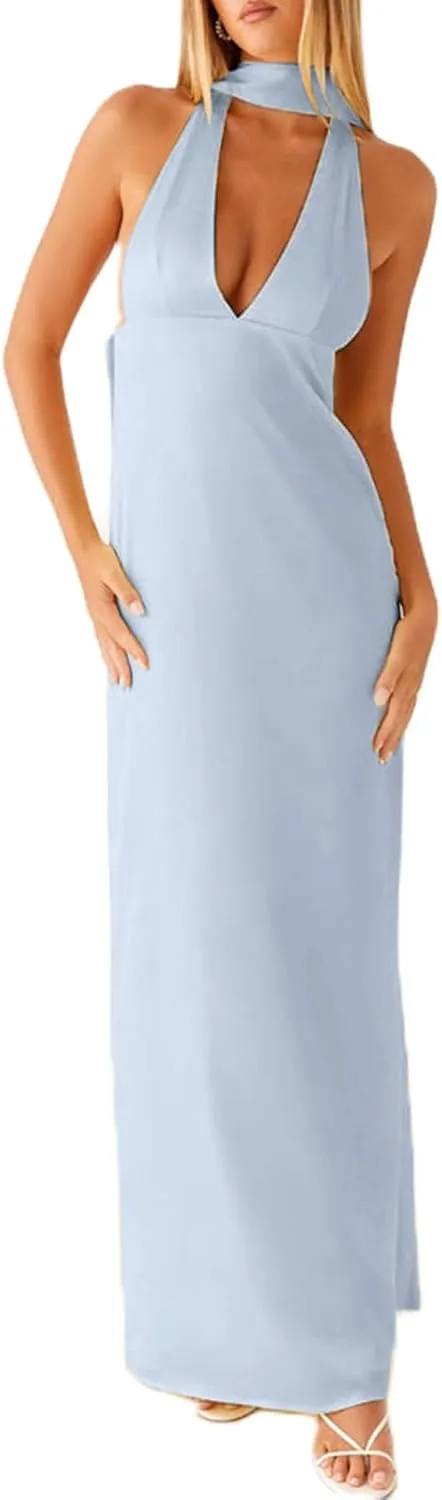 Womens Halter Floral Maxi Dress Deep V Neck Backless Bodycon Long Dresses Y2k Formal Cocktail Going Out Beachwear