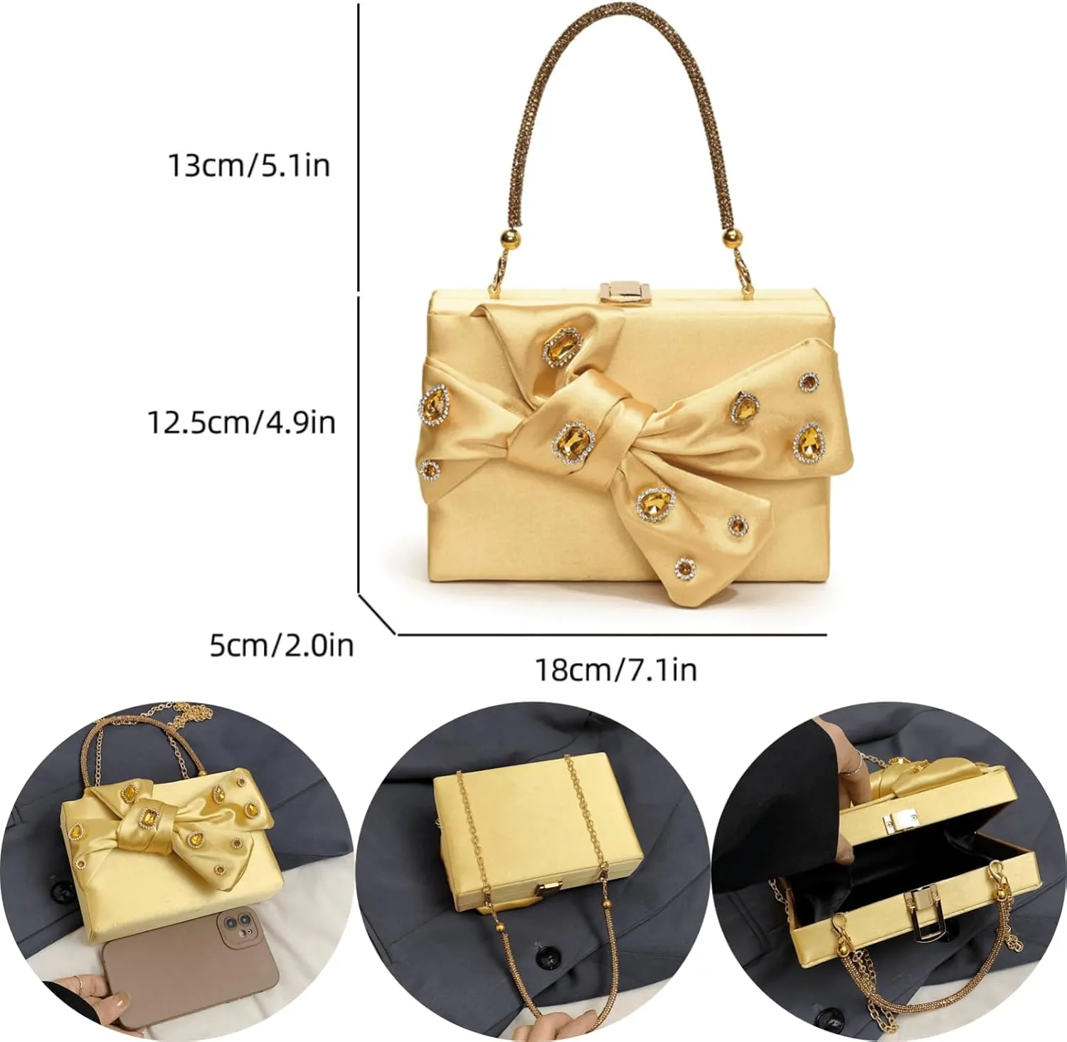 Womens Satin Evening Bag Bow Handbag Purse Party Clutches Wedding Chain Shoulder Cross Body Bag