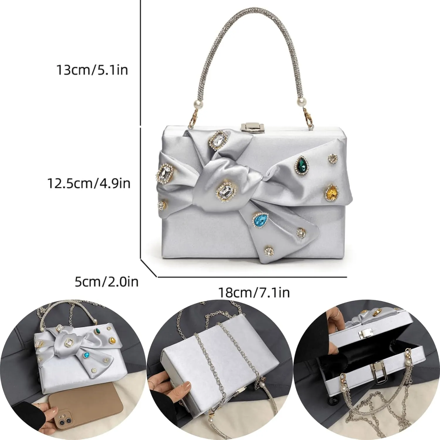 Womens Satin Evening Bag Bow Handbag Purse Party Clutches Wedding Chain Shoulder Cross Body Bag