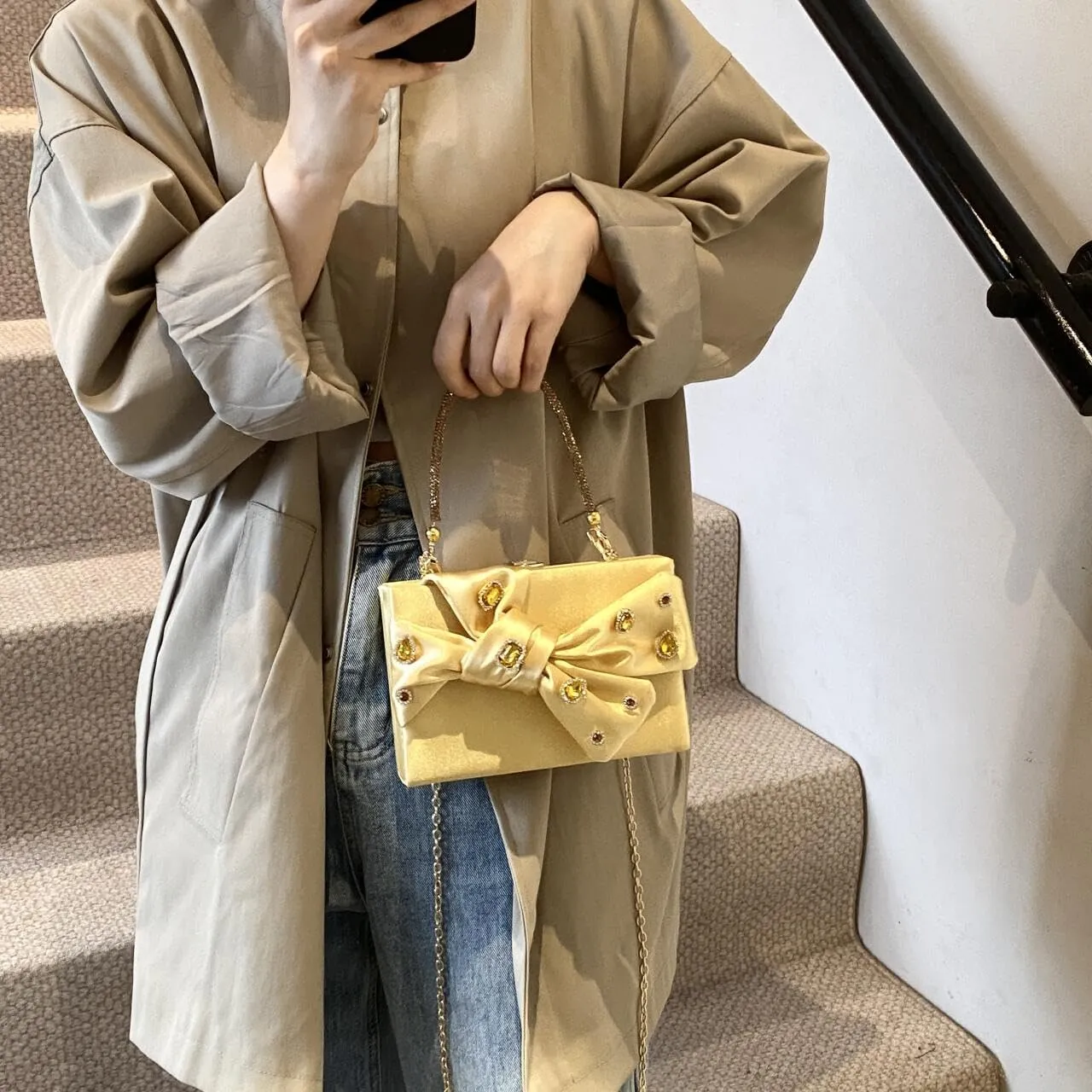 Womens Satin Evening Bag Bow Handbag Purse Party Clutches Wedding Chain Shoulder Cross Body Bag