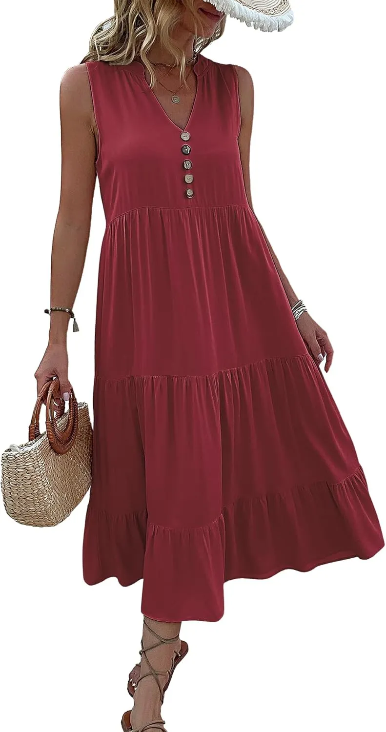 Womens Summer Dress Sleeveless Halter Button Maxi Dress V Neck Multi Loose Casual Midi 2024 Dress