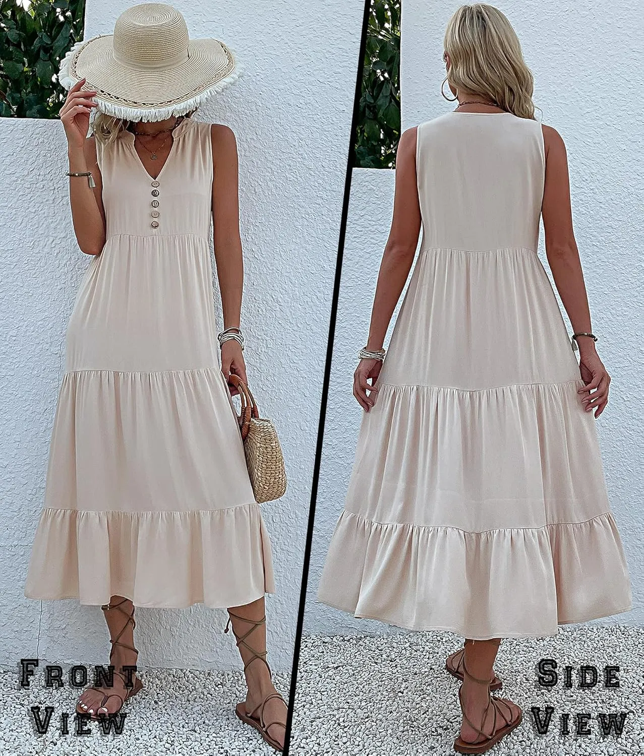 Womens Summer Dress Sleeveless Halter Button Maxi Dress V Neck Multi Loose Casual Midi 2024 Dress