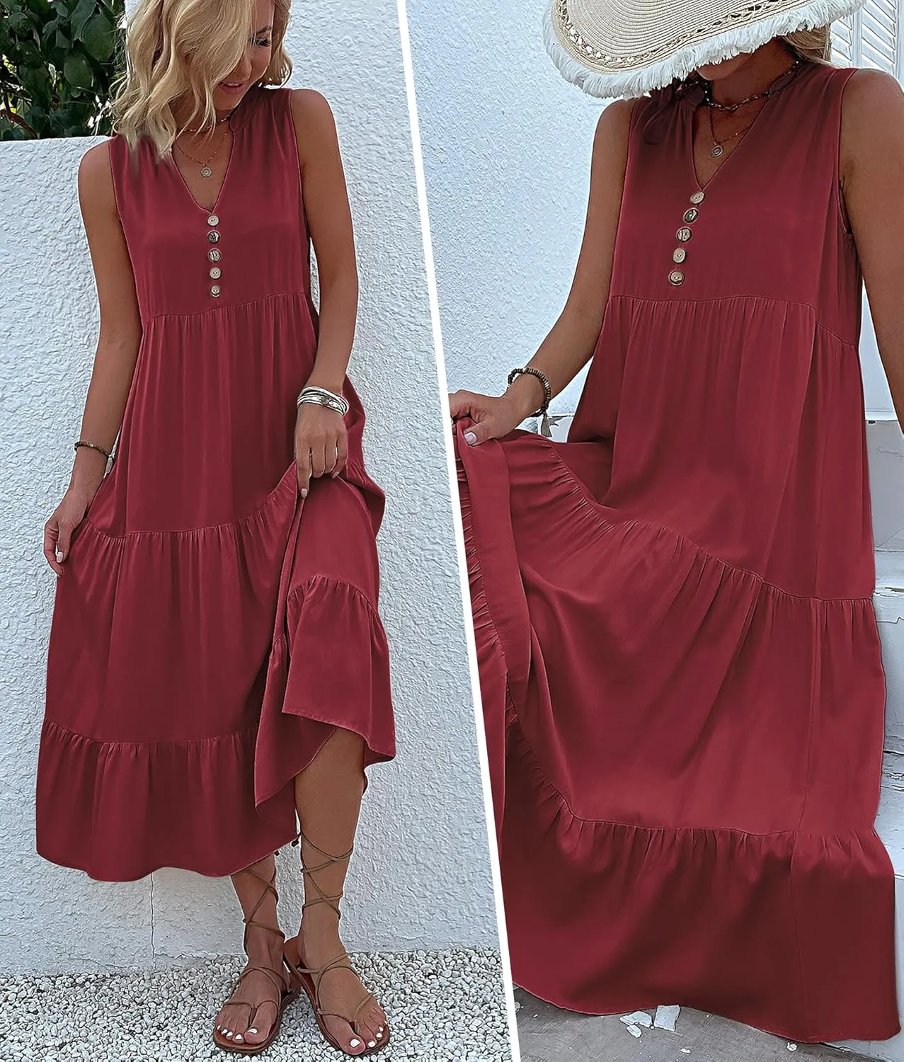 Womens Summer Dress Sleeveless Halter Button Maxi Dress V Neck Multi Loose Casual Midi 2024 Dress