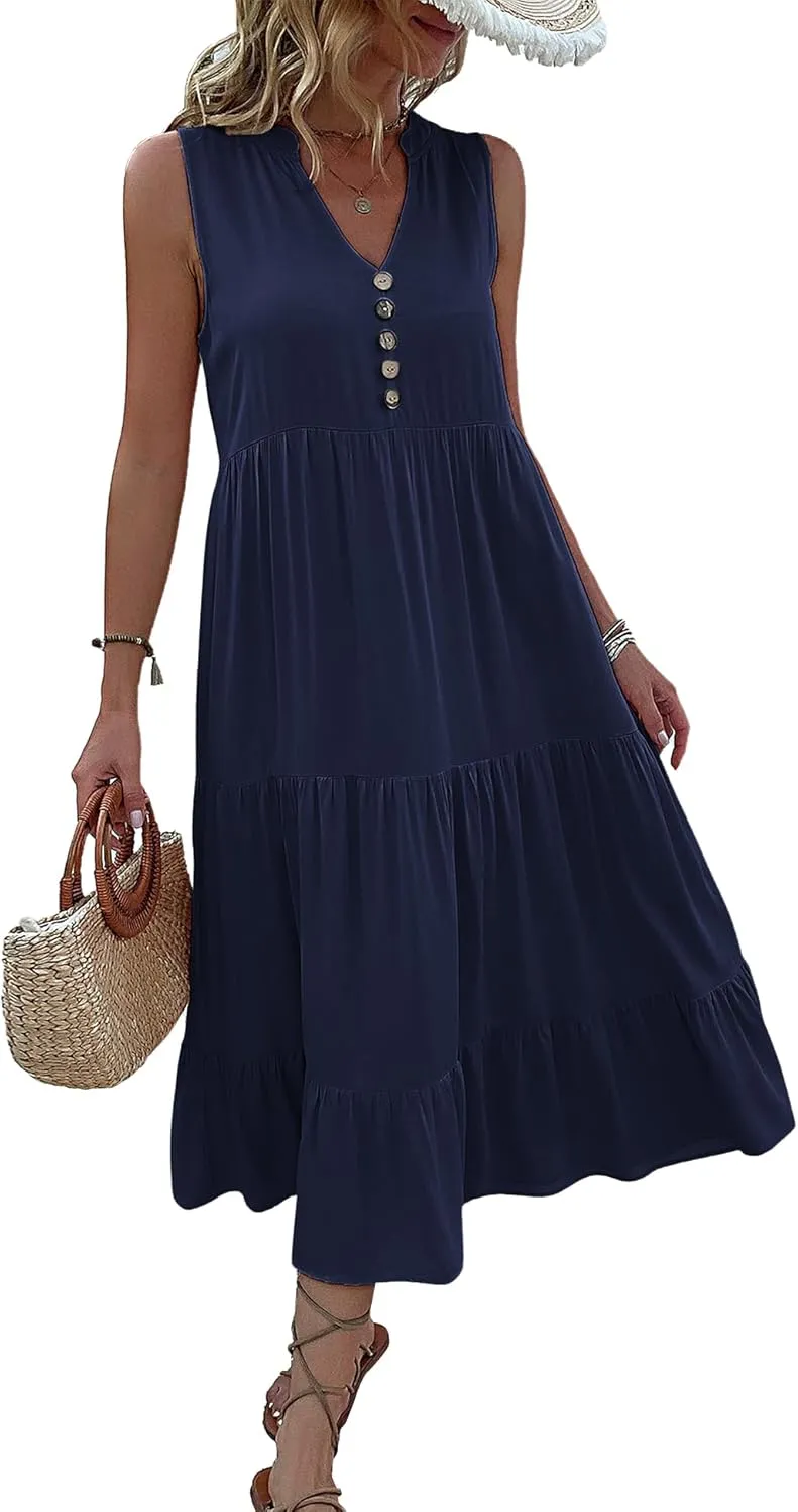Womens Summer Dress Sleeveless Halter Button Maxi Dress V Neck Multi Loose Casual Midi 2024 Dress