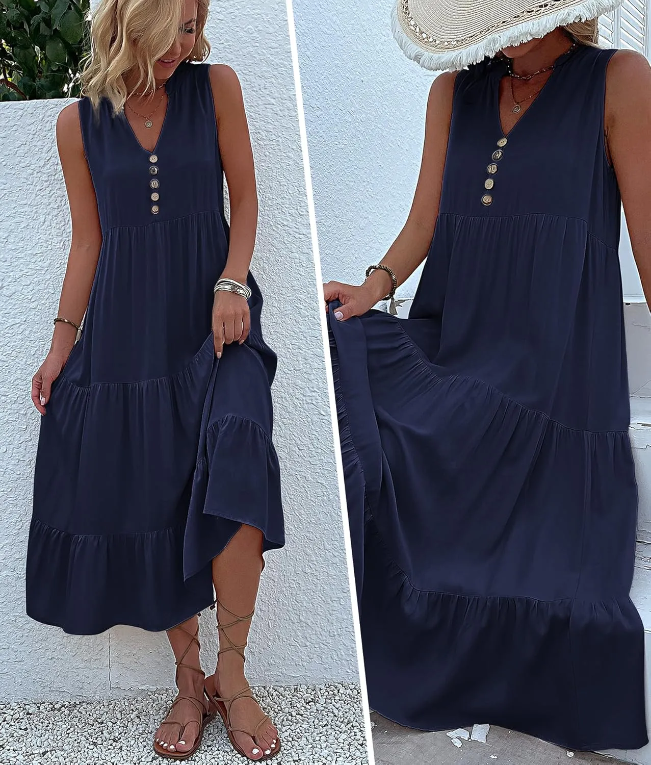 Womens Summer Dress Sleeveless Halter Button Maxi Dress V Neck Multi Loose Casual Midi 2024 Dress