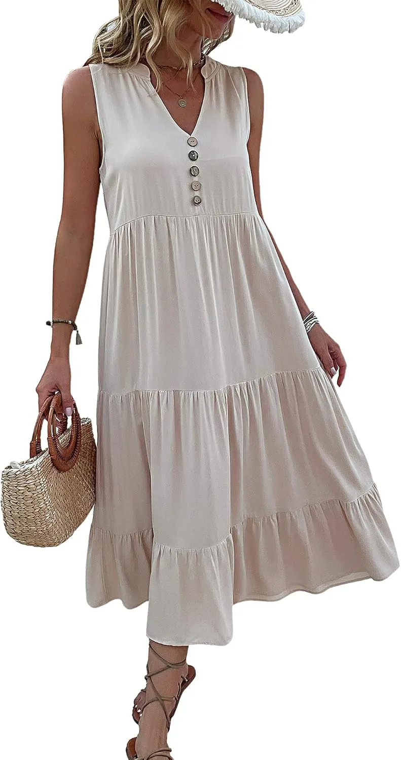 Womens Summer Dress Sleeveless Halter Button Maxi Dress V Neck Multi Loose Casual Midi 2024 Dress