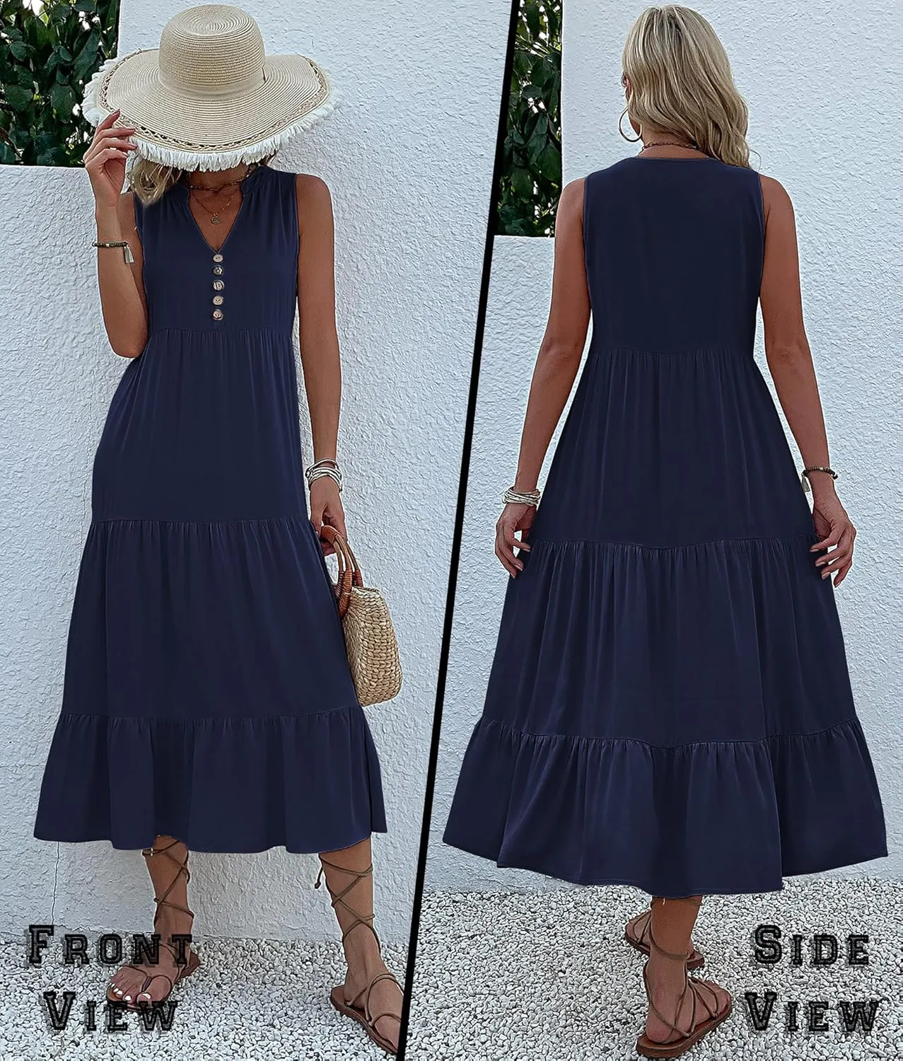 Womens Summer Dress Sleeveless Halter Button Maxi Dress V Neck Multi Loose Casual Midi 2024 Dress