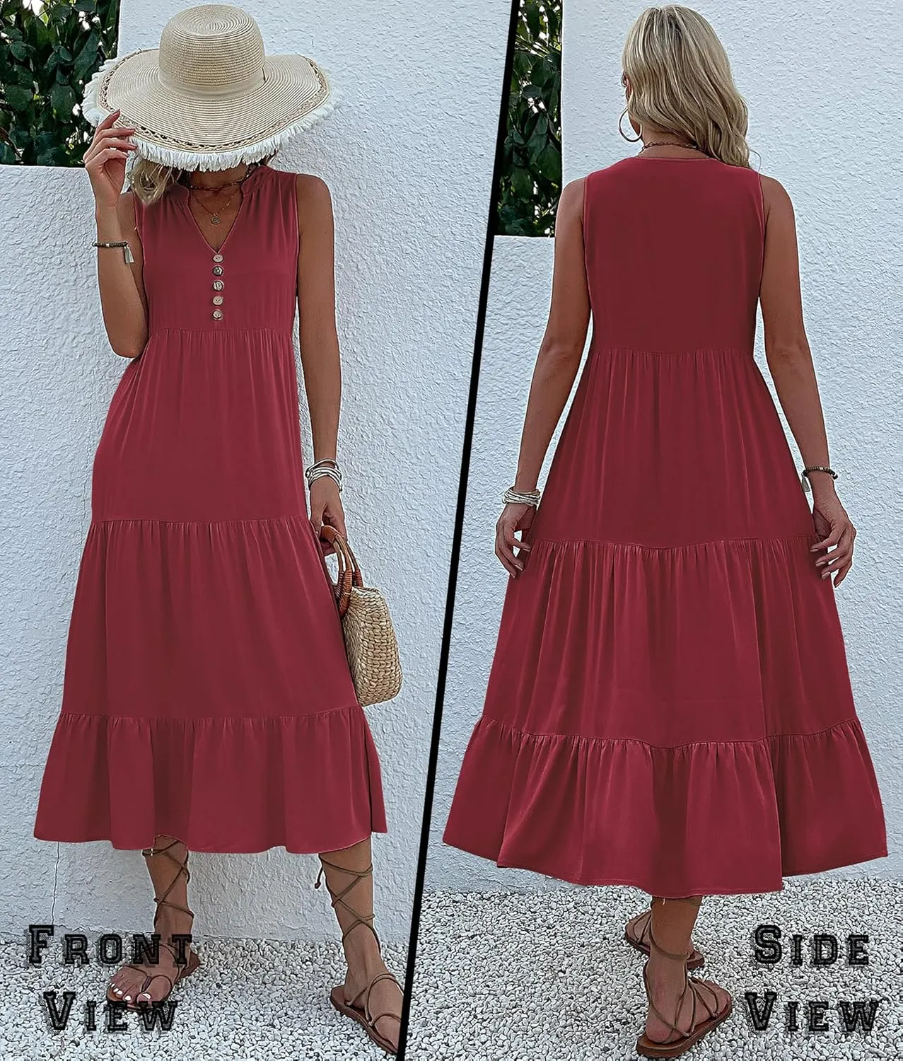 Womens Summer Dress Sleeveless Halter Button Maxi Dress V Neck Multi Loose Casual Midi 2024 Dress