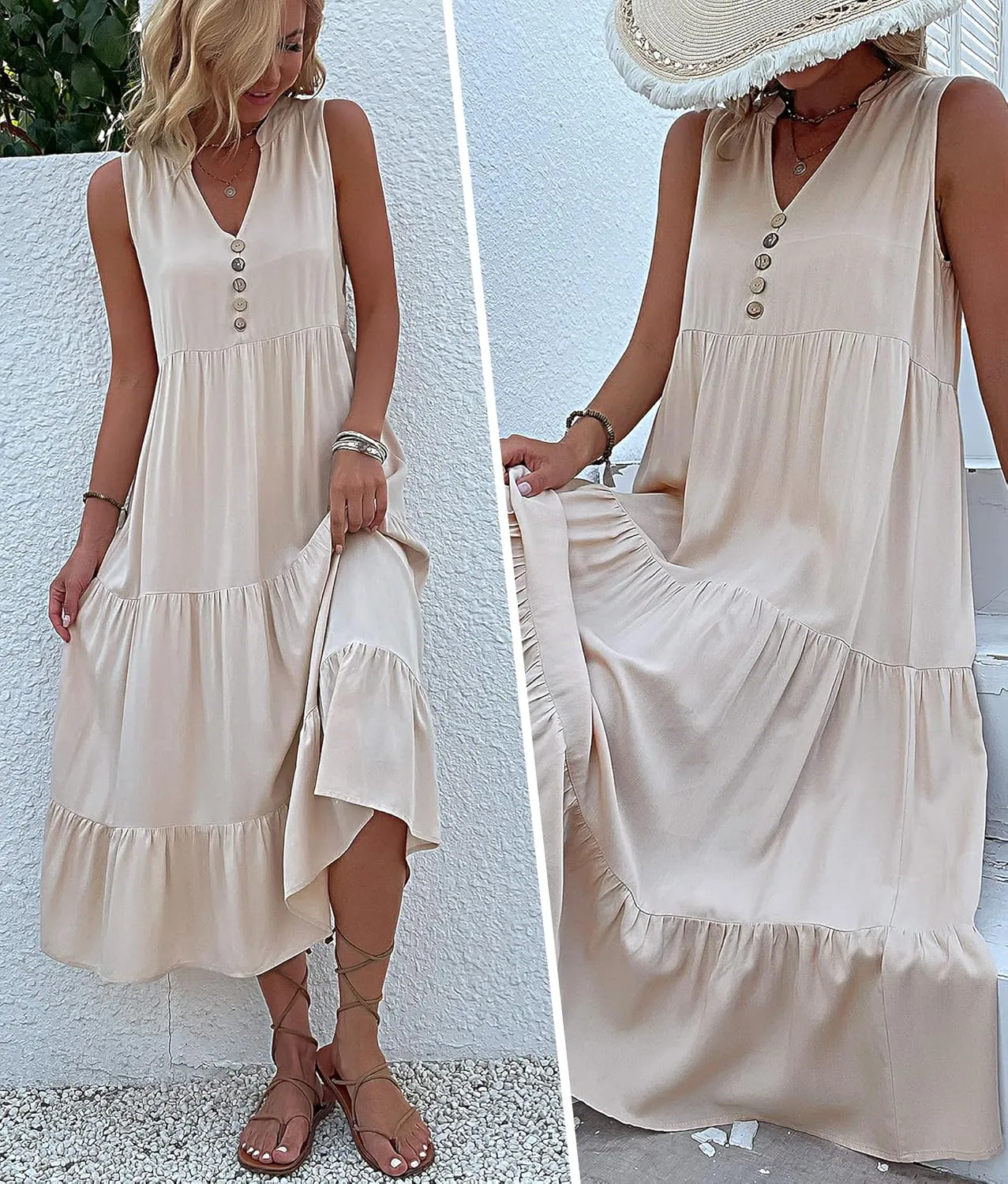 Womens Summer Dress Sleeveless Halter Button Maxi Dress V Neck Multi Loose Casual Midi 2024 Dress